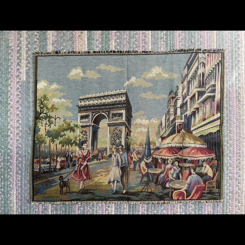 Vintage French Paris Arc de Triomphe Woven Tapestry Textile 35x28”